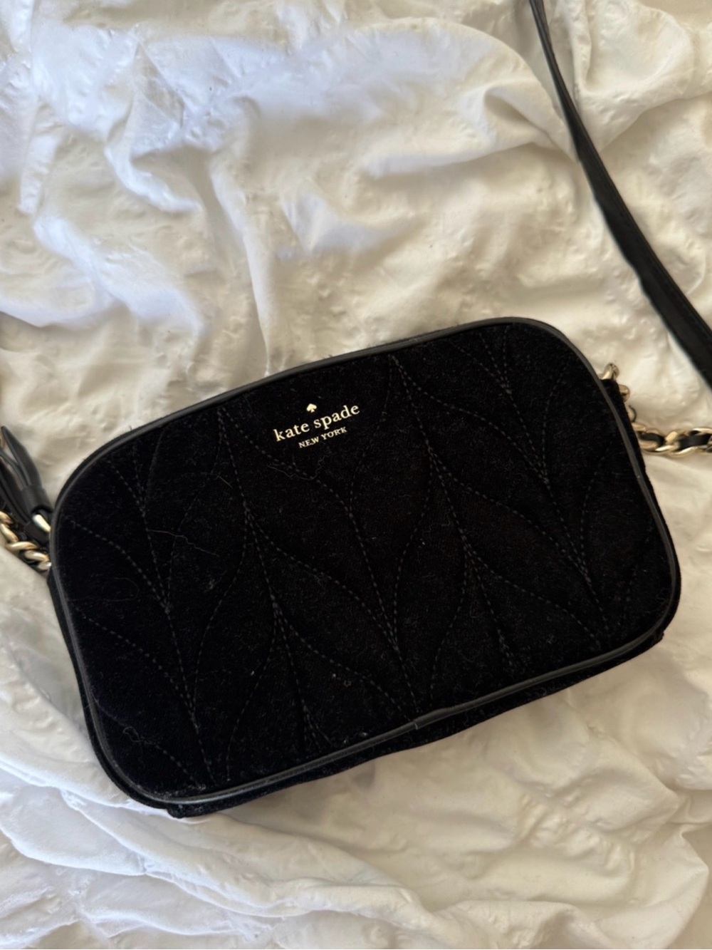 kate spade Black Quilted Velvet Crossbody Bag with Gold Logo